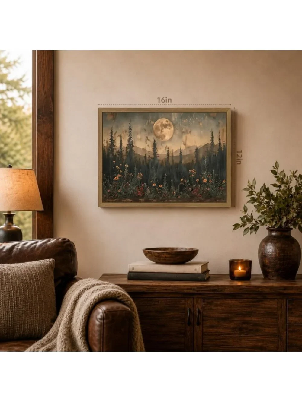 Rustic Forest Landscape Wall Art, Vintage Moon Pine Tree Canvas Print 16x24